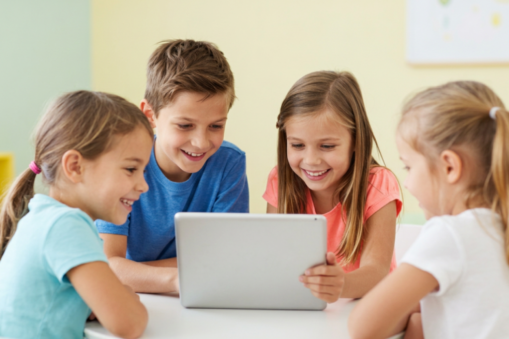 Četri bērni smaidot skatās uz planšetdatoru, kas redzams no aizmugures — attēls ALPA Kids emuāra rakstam par piecām lietām, kas jāzina pirms bērna pirmā ekrāna laika