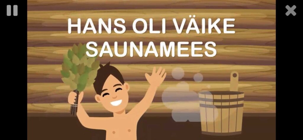 ALPA Kids folkloorivideo ekraanipilt — animeeritud tegelane Hans saunavihaga, tekstiga "Hans oli väike saunamees", osa lastele mõeldud eesti rahvaluule õppevideote sarjast