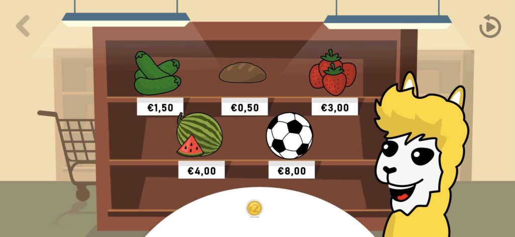 ALPA Kids veikala spēles ekrānuzņēmums — plaukts ar precēm un cenām (gurķi, maize, zemenes, arbūzs, futbola bumba) un ALPA maskotu, kas palīdz bērnam apgūt naudas skaitīšanu un pirmās finanšu prasmes