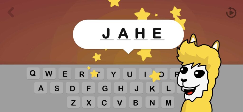 ALPA Kids trükkimismängu ekraanipilt — sõna "JAHE" ja klaviatuur, ALPA maskotiga, mis aitab lapsel arendada varajast kirjaoskust ja õigekirja
