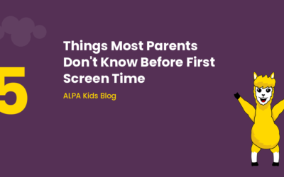 ALPA Kids character waving with both arms raised beside the number 5 and the title "5 Things Most Parents Don't Know Before First Screen Time" on a purple background.