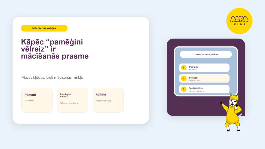 ALPA Kids infografika: kāpēc atkārtota mēģināšana palīdz bērniem mācīties — soļi pamani, pielāgo, mēģini vēlreiz, ar ALPA.