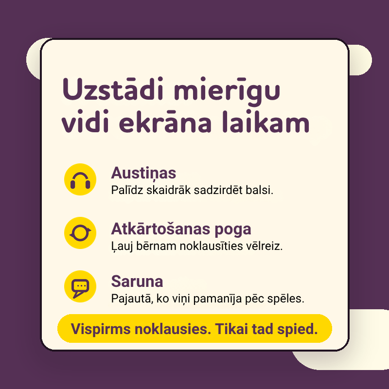 Praktiski padomi mierīgāka ekrāna laika vides uzstādīšanai bērnam, izmantojot austiņas, atkārtošanas pogu un sarunu pēc rotaļāšanās.