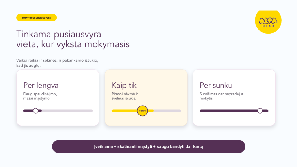 Kai užduotis nėra nei per lengva, nei per sunki, vaikui lengviau mokytis.
