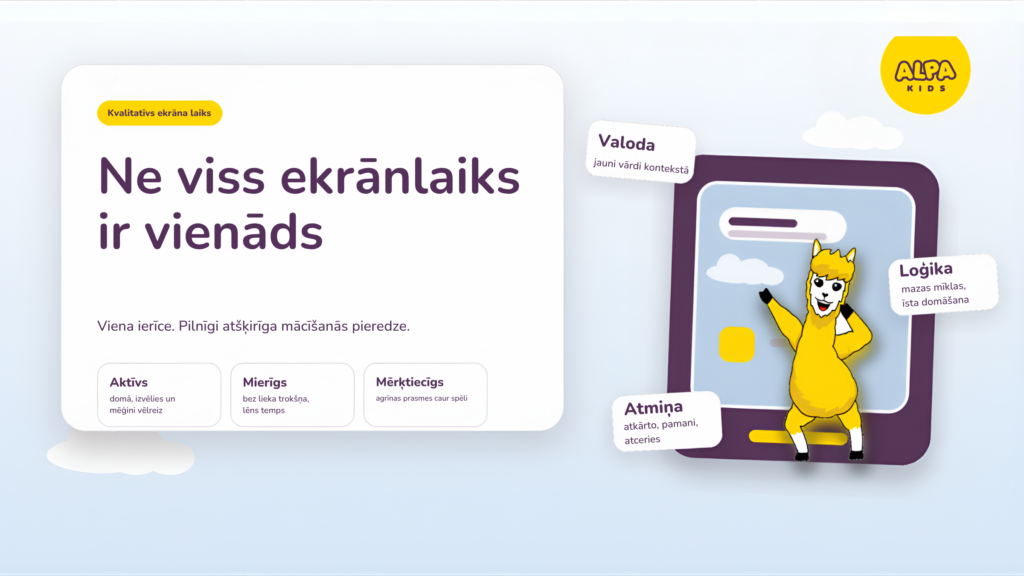 ALPA Kids infografika "Ne viss ekrāna laiks ir vienāds" — trīs kvalitatīva ekrānlaika pazīmes (aktīvs, mierīgs, mērķtiecīgs) un trīs prasmju kategorijas (valoda, loģika, atmiņa), ar ALPA maskotu telefona ilustrācijā